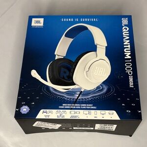 JBL White Over-Ear Console Gaming Headset with Black Cushions and Blue Accents